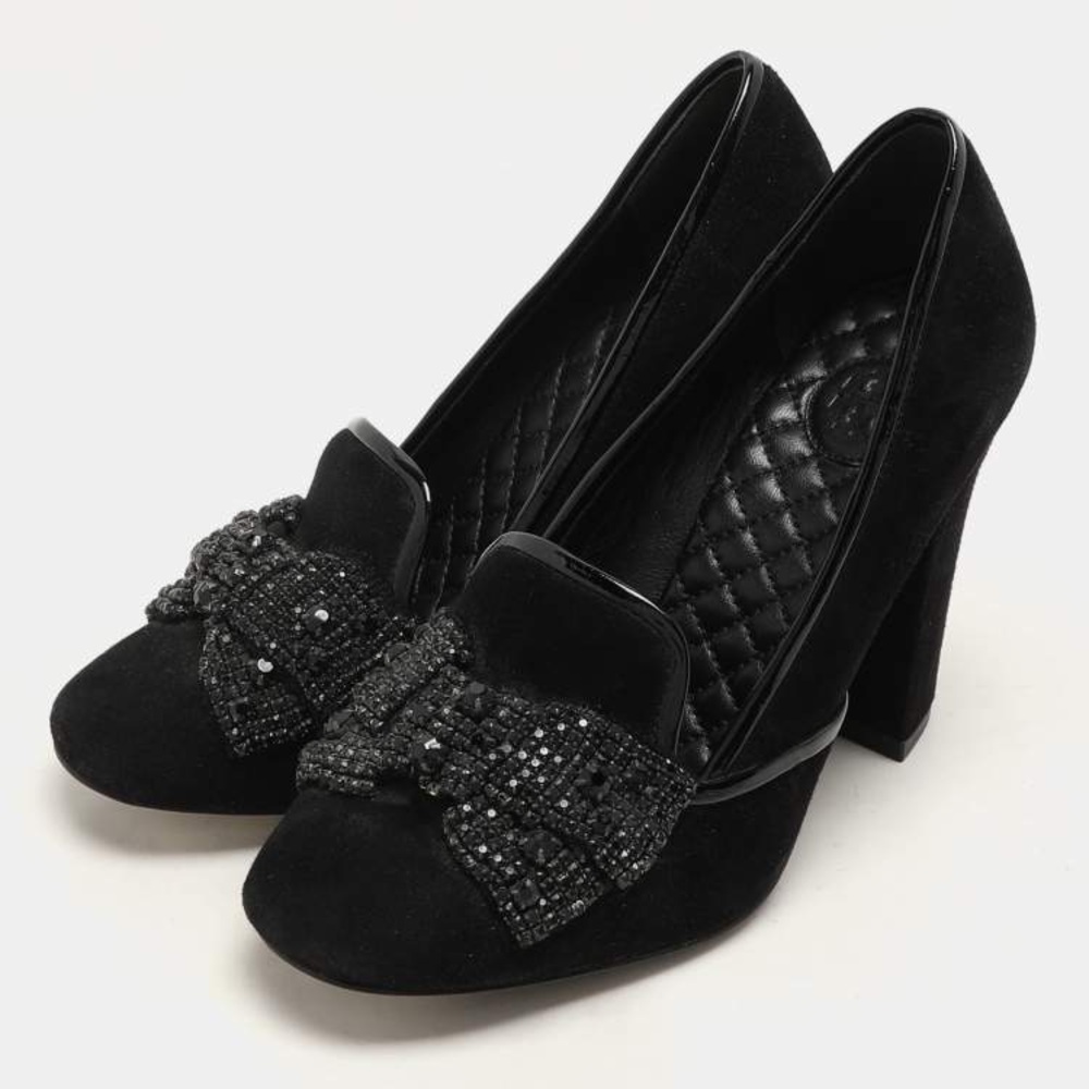 Tory Burch Black Suede Carissa Bow Embellished Pumps Black Suede‎ Size 10.5 NWOT